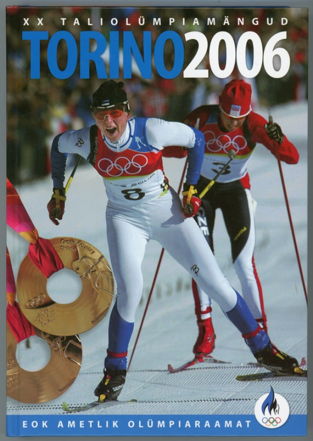 Ein Plakat der Olympischen Spiele 2006 in Turin, Italien, das zwei Skifahrer auf Schnee mit "Torino 2006" darauf zeigt.