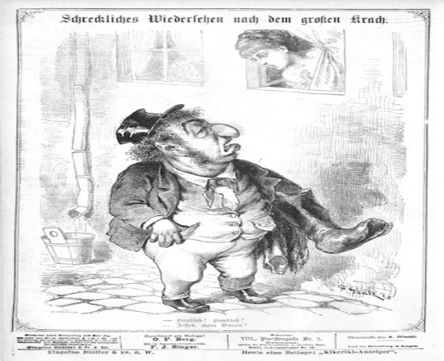 Cartoon-Illustration eines Mannes mit Zylinder und einer Frau in einem Kleid mit einer Wand, einem Fenster, einem Eimer und anderen Gegenständen im Hintergrund, mit Text unten, der lautet: "F. J. Singer, der erste deutsche Politiker, der in den Kongress gewählt wurde."