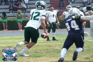 Ein Football-Spieler in Sportuniform und Helm rennt mit dem Ball auf dem Feld, umgeben von anderen Spielern in Sportuniformen und Helmen, mit Zuschauern auf Treppen, Pflanzen und einer Straße im Hintergrund, und einem Logo mit Text in der unteren linken Ecke.