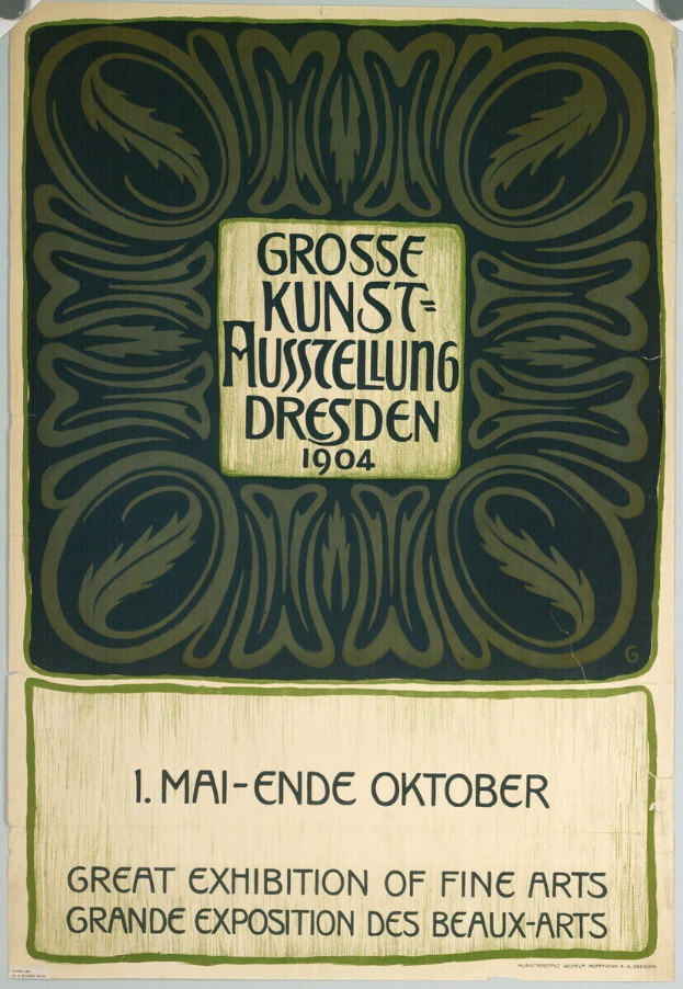 Plakat für die Große Kunstausstellung in der Grand Exposition des Beaux-Arts in Dresden, Deutschland, 1904, mit auffälligem Text, der das Ereignis ankündigt.