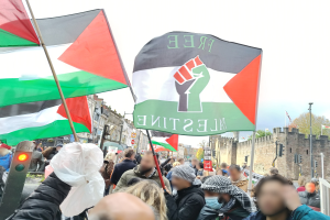 Eine Gruppe von Menschen mit palästinensischen Flaggen vor einer Menge, im Hintergrund Gebäude, Bäume, Pfosten, Verkehrszeichen, Schilder und eine Wand, die sich gegen die israelische Besetzung Palästinas versammelt haben.