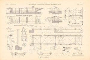 Detailgenauer technischer Zeichnung eines Zugs auf dem Cover eines alten Buchs, einschließlich beschrifteter Komponenten wie Motor und Getriebe.