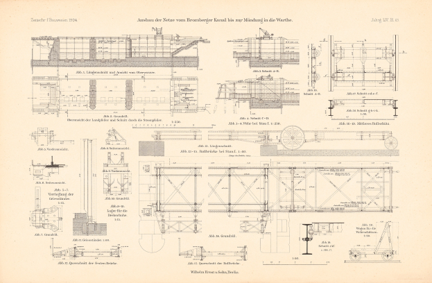 Detailgenauer technischer Zeichnung eines Zugs auf dem Cover eines alten Buchs, einschließlich beschrifteter Komponenten wie Motor und Getriebe.