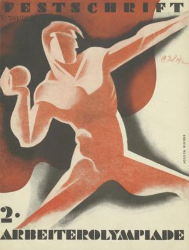 Ein Plakat für die Olympischen Sommerspiele 1932 in Berlin, Deutschland, das eine Person in einem hellgelben Overall mit entschlossener Miene zeigt, umgeben von Text einschließlich 'Festschrift' in fetter, schwarzer Schrift.
