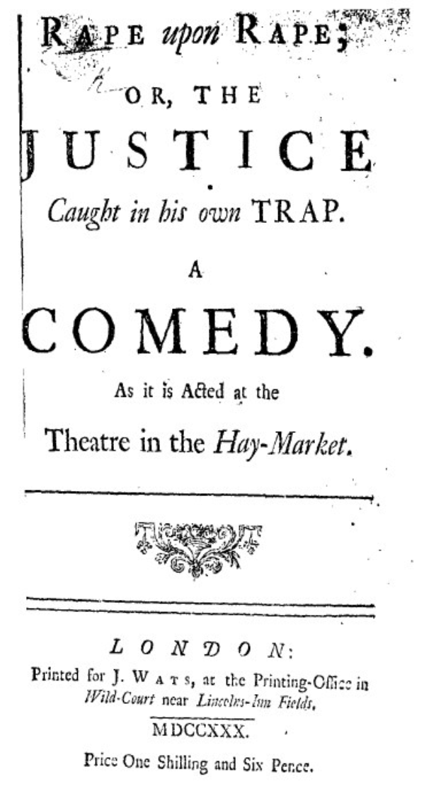 Schwarzes und weißes Plakat, das eine Comedy-Show mit dem Titel 'Vergewaltigung auf Vergewaltigung oder die Gerechtigkeit, die in ihrer eigenen Falle gefangen ist' in fetter schwarzer Schrift ankündigt.