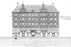 Schwarze und weiße detaillierte Zeichnung des Ritz-Carlton Hotels in Hamburg, Deutschland, mit einer mehrfenstrigen Fassade und Text.
