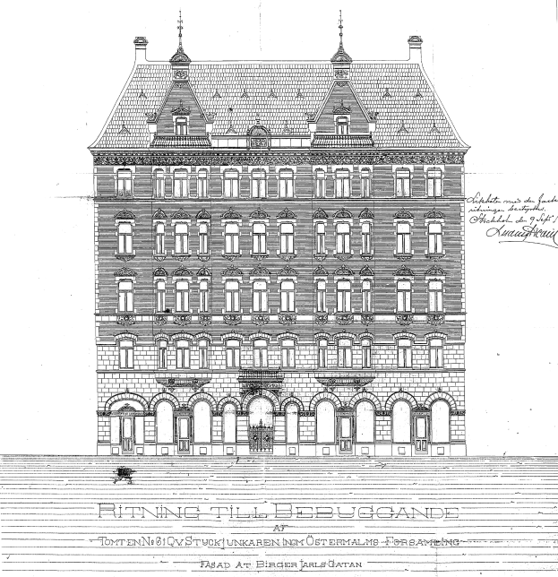 Schwarze und weiße detaillierte Zeichnung des Ritz-Carlton Hotels in Hamburg, Deutschland, mit einer mehrfenstrigen Fassade und Text.
