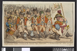 Gruppe von Männern in Militäruniformen, die eine Straße entlangmarschieren, einer hält einen Stock in der Hand, mit dem Text "Zusätzliche Miliz, die für zwanzig Tage Vergnügen antritt" am unteren Rand.