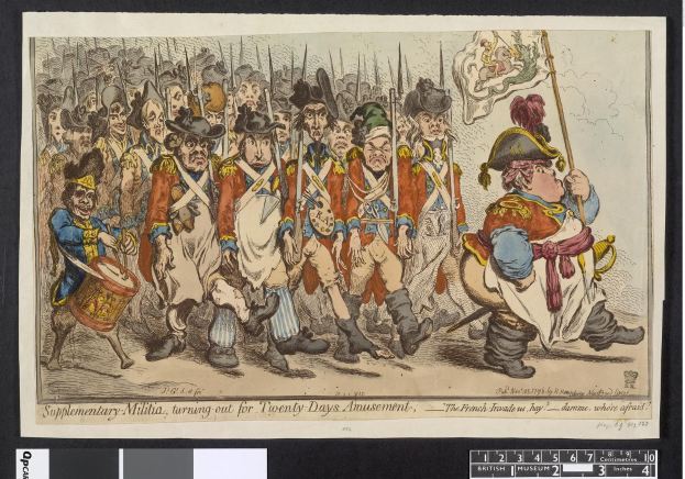 Gruppe von Männern in Militäruniformen, die eine Straße entlangmarschieren, einer hält einen Stock in der Hand, mit dem Text "Zusätzliche Miliz, die für zwanzig Tage Vergnügen antritt" am unteren Rand.