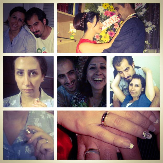 Ein Collage aus Fotos von einem Mann und einer Frau mit Eheringen an den Fingern, umgeben von Blumen und verschiedenen Gegenständen im Hintergrund.