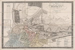 Detailreiches altes Stadtplan von Weimar, Deutschland, zeigt Straßen, Gebäude und Sehenswürdigkeiten mit begleitendem Text über die Stadt.
