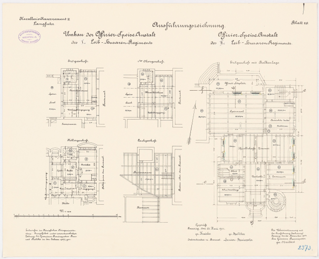 Schwarzes und weißes architektonisches Grundrissbild des ehemaligen Bundeskanzleramts, das detaillierte Layout und Text zeigt.