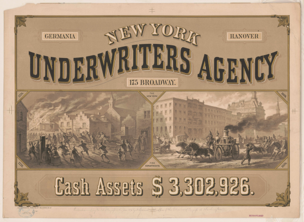 Alte Werbetafel für die New York Underwriters Agency, die Text und Bilder von Menschen, Pferden und Gebäuden zeigt, wahrscheinlich um ihre Dienstleistungen zu bewerben.