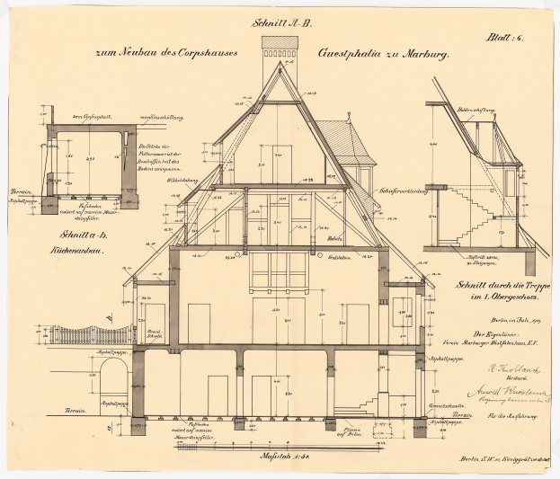 Ein detailliertes Zeichnung des ersten Hauses in Deutschland, das ein Haus mit zahlreichen Fenstern und einem Dach zeigt, begleitet von umfassenden Plänen und Text, der den Aufbau beschreibt.