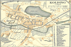 Alte detaillierte Karte von Kolding, Deutschland, mit Text und numerischen Daten.