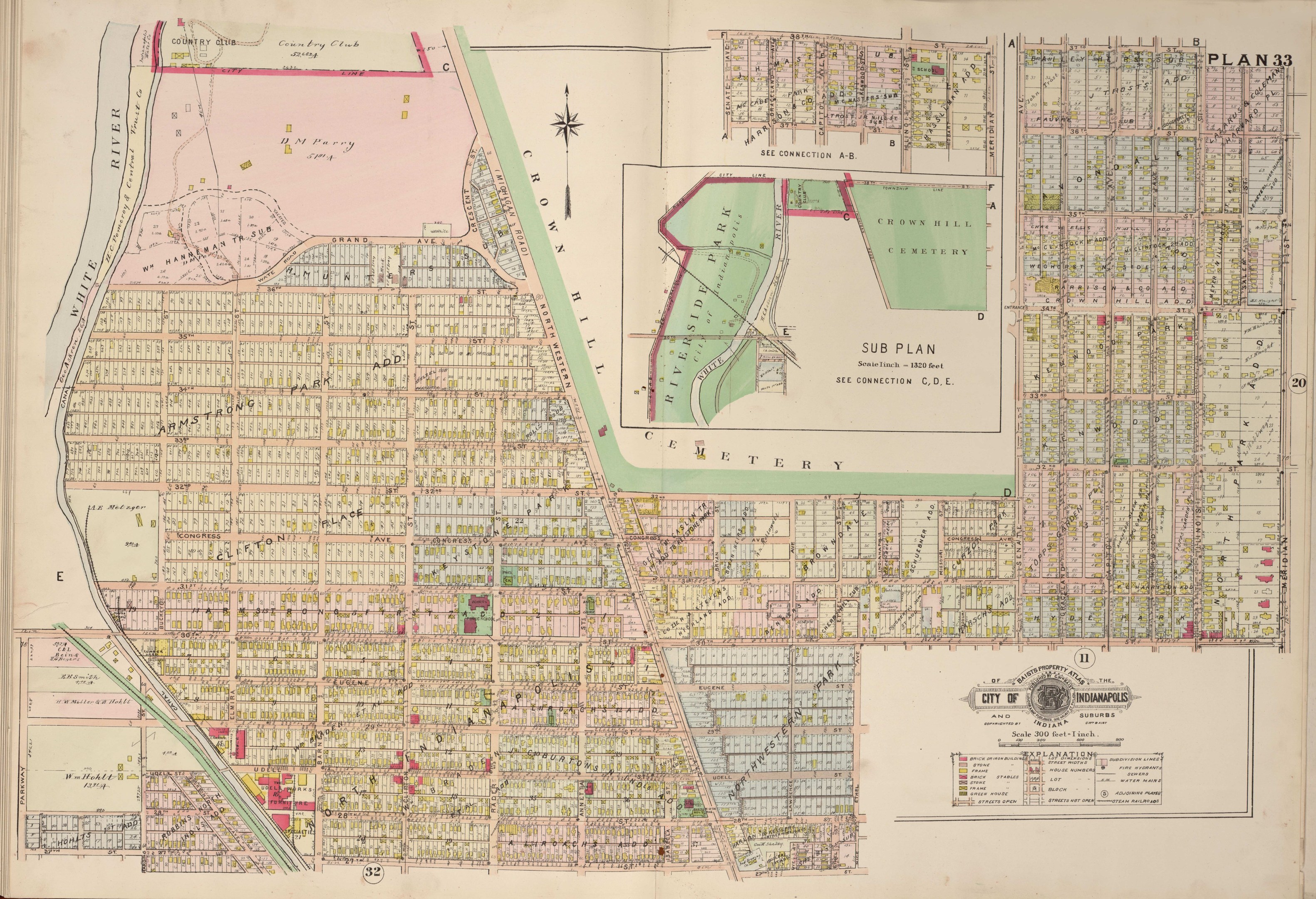 Alte Karte von Indianapolis, Indiana, zeigt Straßen, Parks, Landmarken und Text auf vergilbtem Papier.