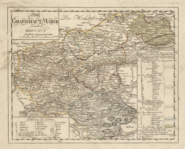 Ein detailliertes altes Stadtplan von München, Deutschland, mit Straßen, Parks und Sehenswürdigkeiten sowie einem dekorativen Rand in Blau-, Grün- und Gelbtönen.