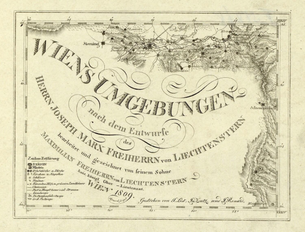 Detailierte alte Karte von Wien, Deutschland, zeigt geografische Merkmale, Städte, Orte und Text mit Informationen zur Bevölkerung, Straßen und Sehenswürdigkeiten.