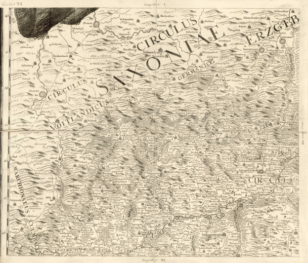 Detailiertes altes Sachsen-Karte von Deutschland, die geografische Merkmale wie Flüsse, Berge und Städte zeigt, mit begleitendem Text über die Region und ihre Bewohner.