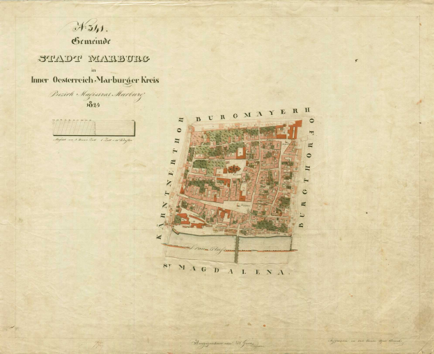Detailierte alte Stadtplan von Marburg mit Straßen, Gebäuden, Sehenswürdigkeiten und Text mit zusätzlichen Informationen zur Stadt.
