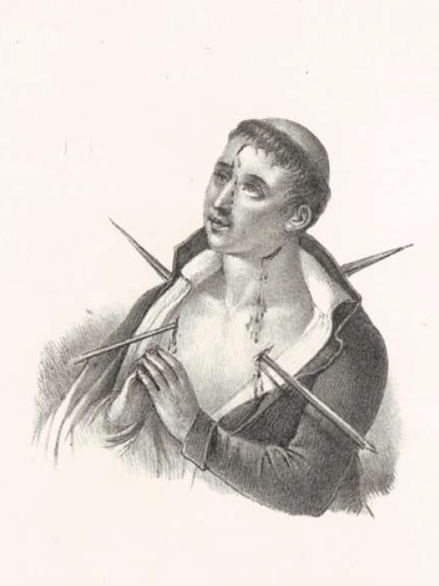 Eine Schwarz-Weiß-Zeichnung eines verzweifelten Mannes mit einem Messer, weit aufgerissenen Augen und einem verzerrten Gesicht, der zerlumpte Kleidung trägt und vor einem weißen Hintergrund steht.