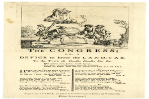 Ein Blatt Papier mit einer Zeichnung einer vielseitigen Gruppe von Menschen in traditioneller Kleidung und einem Text, der "Der Kongress oder, Gerät zur Senkung der Grundsteuer" in fetter Schrift lautet und von einem dekorativen Rahmen umgeben ist.