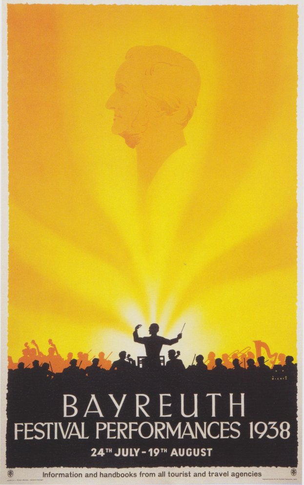 Plakat für die Bayreuth-Festival-Vorstellungen 1938 mit einer zentralen Figur umgeben von einer Gruppe von Menschen und Text mit Festival-Informationen.