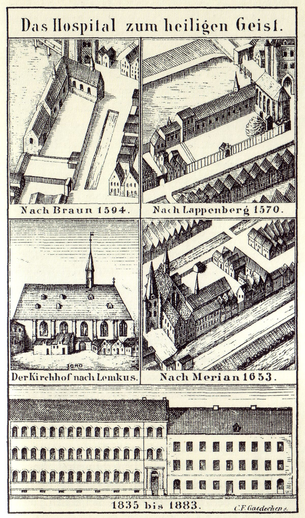Eine detaillierte Zeichnung eines deutschen Krankenhausgebäudes auf einem Plakat, das Gebäude mit Fenstern, Türen und Balkonen zeigt, begleitet von Text, der das Krankenhaus nach Größe, Lage und Ausstattung beschreibt.