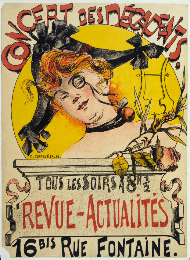 Ein Plakat, das ein Konzert der Decadents ankündigt und eine Frau mit einem menschlichen Gesicht zeigt sowie Textinformationen zum Event.