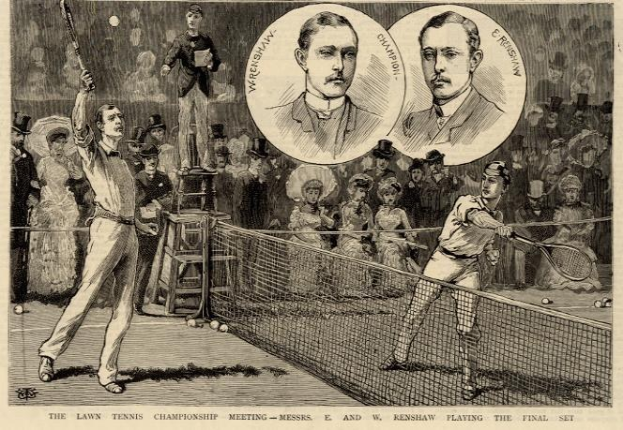 Schwarz-weiß-Zeichnung von zwei Männern, die auf einem Platz mit einem Netz Tennis spielen, während eine Gruppe von Menschen im Hintergrund zuschaut; Text unten lautet: "The Lawn Tennis Championship Meeting - Messers, E und W Renshaw spielen das entscheidende Satz."