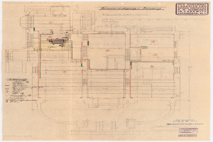 Ein detailliertes architektonisches Zeichnung des Rosenhof-Krankenhauses in Hamburg, Deutschland, mit zahlreichen Drähten und Textbeschriftungen, die den Aufbau beschreiben, einschließlich Räumen, Fluren und anderen Merkmalen.