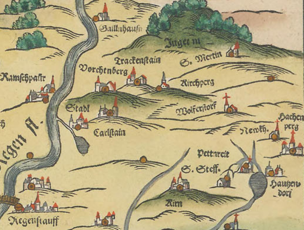 Ein altes Stadtplan von Köln, Deutschland, das grüne Bäume, kleine gemütliche Häuser und dekorative Texte zeigt.