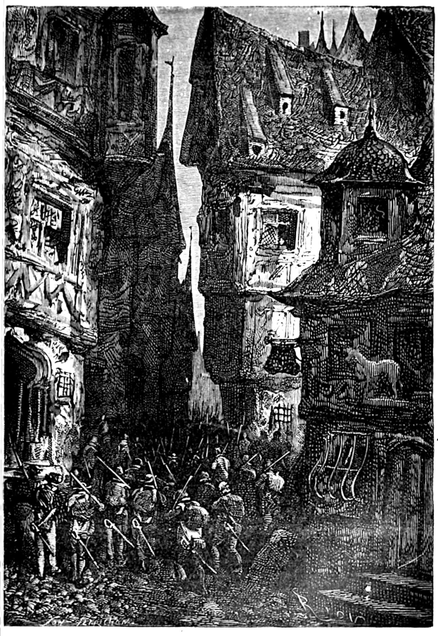 Eine Schwarz-Weiss-Zeichnung einer Straßenszene mit Menschen in der Vordergrund, Gebäuden im Hintergrund und Text unten mit der Aufschrift "Die Schlacht von Stuttgart".