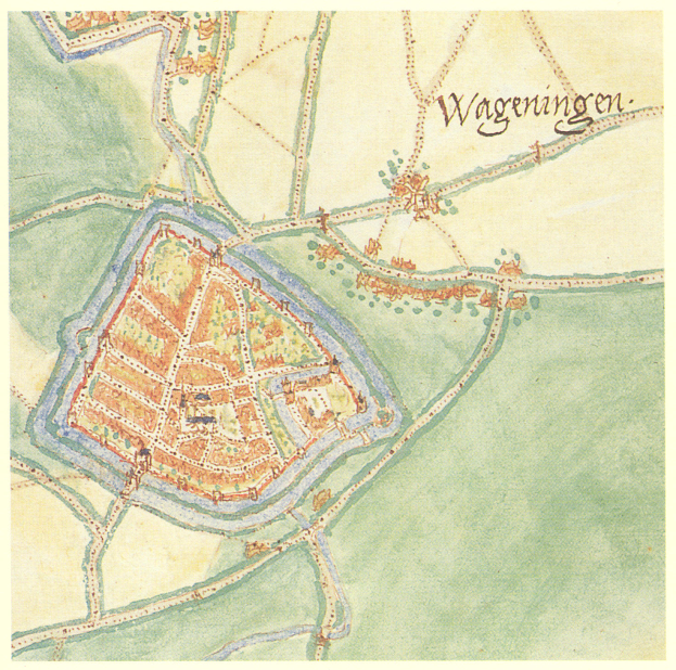Ein detaillierter Stadtplan von Wageningen, Deutschland, der Straßen, Gebäude und Sehenswürdigkeiten zeigt, mit begleitendem Text, der zusätzliche Informationen bietet.