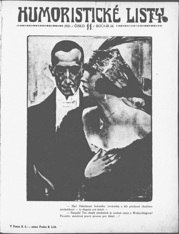 Schwarze und weiße Zeitschriftumschlag mit der Aufschrift 'Humoristische Liste', der einen Mann in einem Anzug mit ernster Miene und eine Frau zeigt, die verschmitzt in eine andere Richtung schaut.