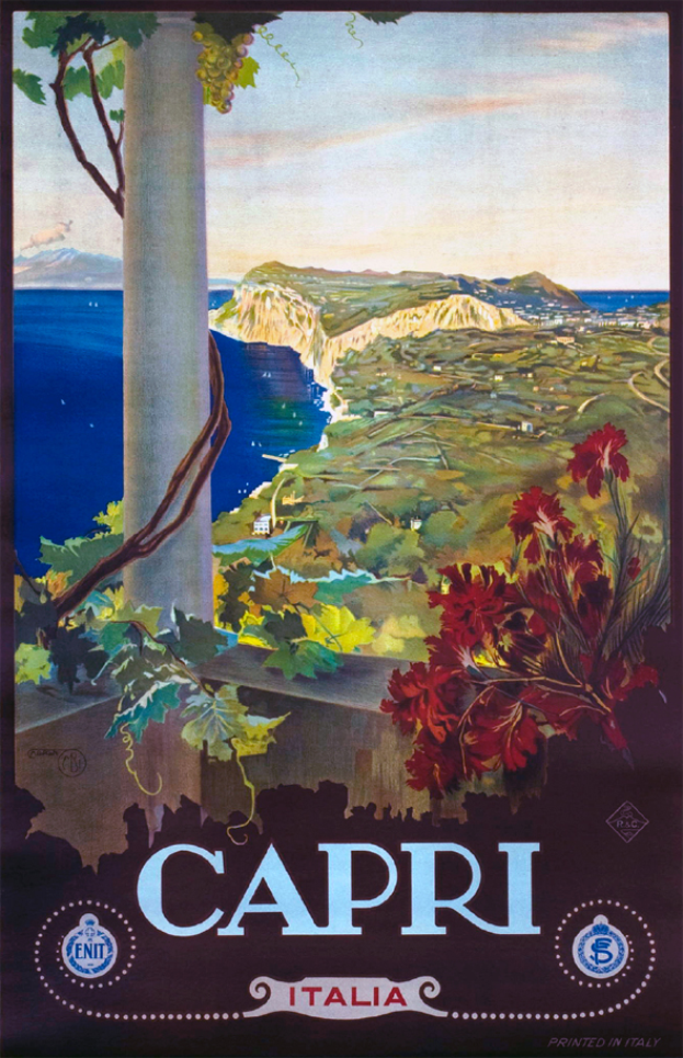 Ein Plakat für eine Weinprobe in Capri, Italien, das einen Baum mit grünen Blättern, eine Säule, einen Wasserlauf, Hügel und einen hellblauen Himmel zeigt, mit Text, der die Weinprobe beschreibt.