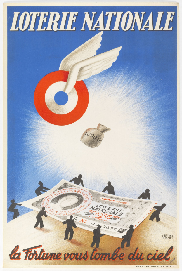 Ein Plakat für eine nationale Lotterie, das einen Vogel zeigt, der über einen Geldhaufen fliegt, mit Text, der die Vorteile bewirbt.