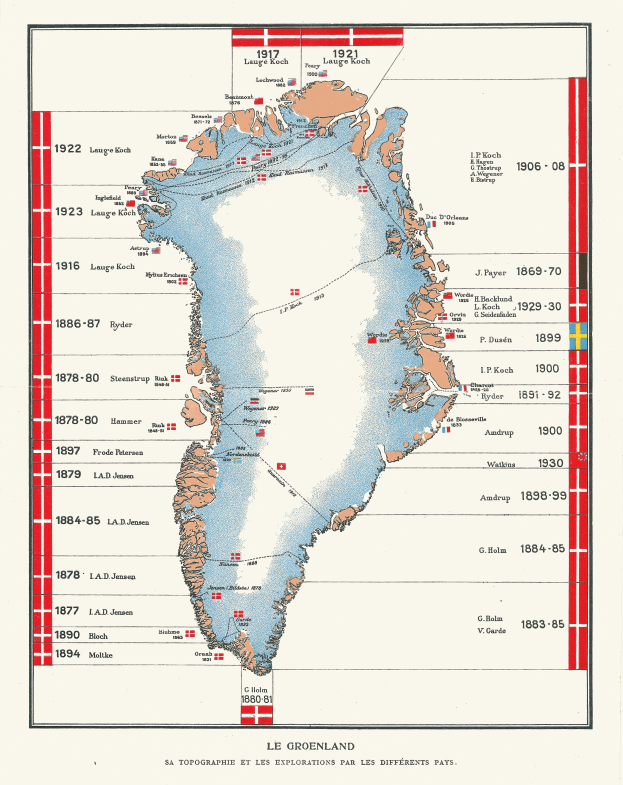 Eine Karte von Grönland mit der Ausdehnung des arktischen Meereises, gefüllt mit Text und Zahlen, die die Region detailieren.