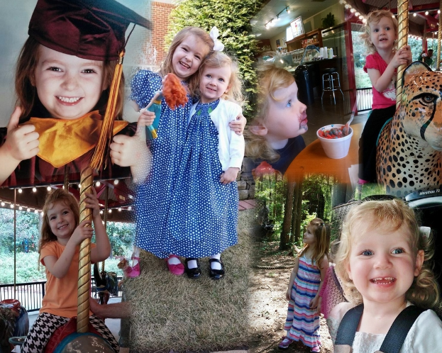 Eine Collage mit Vergnügungsparkattraktionen, einem Tisch mit Speisen, darunter ein Becher und ein Löffel, verschiedenen Gegenständen, Lichtern, einer Wand, Büschen, Bäumen, Gras, einem Seil und einem Hut.