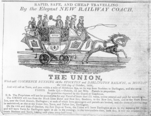 Eine alte Zeitungsanzeige der Gewerkschaft, die eine von Menschen besetzte Kutsche zeigt, begleitet von beschreibendem Text.