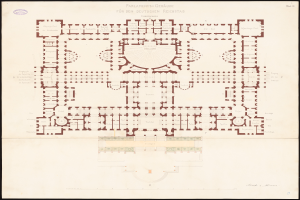 Ein detaillierter Grundrissplan des kreisförmigen Reichstagsgebäudes in Berlin, Deutschland, der den Aufbau der Räume, Flure, Fenster und Türen zeigt, mit begleitendem Text, der weitere Informationen bereitstellt.