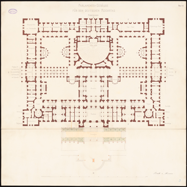 Ein detaillierter Grundrissplan des kreisförmigen Reichstagsgebäudes in Berlin, Deutschland, der den Aufbau der Räume, Flure, Fenster und Türen zeigt, mit begleitendem Text, der weitere Informationen bereitstellt.