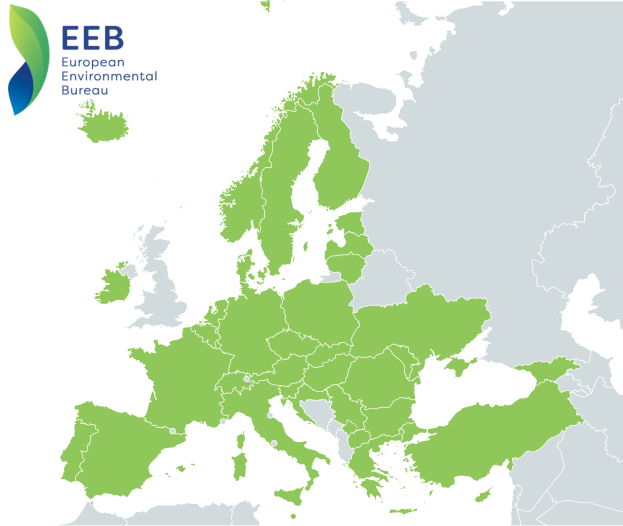 Eine Karte von Europa mit verschiedenen Grüntönen, die unterschiedliche Regionen anzeigen, und dem Logo des Europäischen Umweltbüros in der oberen linken Ecke.