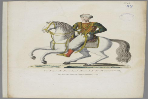 Ein Mann in einem farbenfrohen, detailreichen Manelak-Kostüm reitet auf einem weißen Pferd, das mit Sattel und Zaumzeug geschmückt ist, mit sichtbarem Text, der das Kostüm beschreibt.