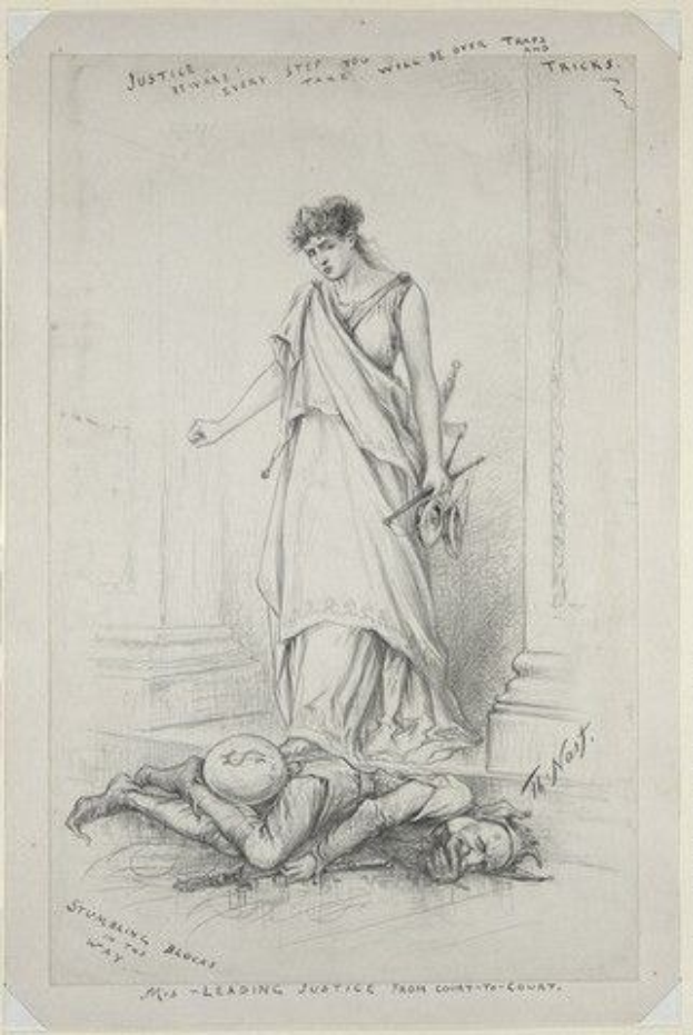 Eine Frau in einem langen Kleid steht mit gefalteten Händen neben einem Mann, der auf dem Rücken liegt und seinen Kopf in den Händen hält, mit dem Text "Die führende Richterin des Kreisgerichts" sichtbar.