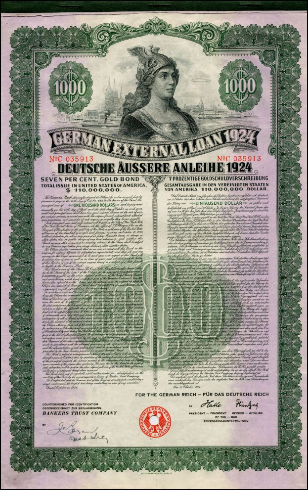 Deutsches Auslandsanleihe-Zertifikat von 1924 mit einem Porträt einer Frau, mit gedrucktem Text und numerischen Nennwertmarkierungen auf altem Papier.