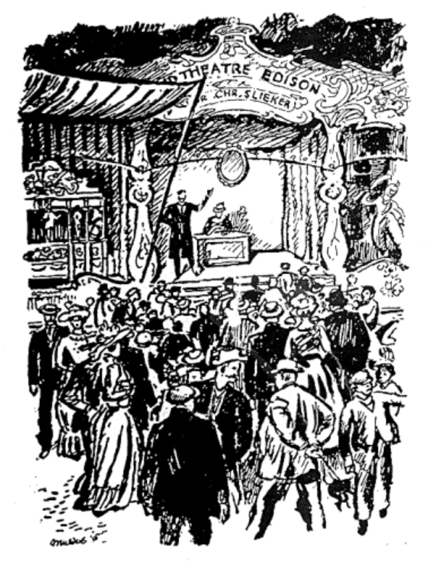 Eine Schwarz-Weiß-Zeichnung einer Menge vor einem Gebäude mit einer Person auf der Bühne in der Mitte und einem Text unten, der 'Theater Gift von Charles Dickens' lautet.