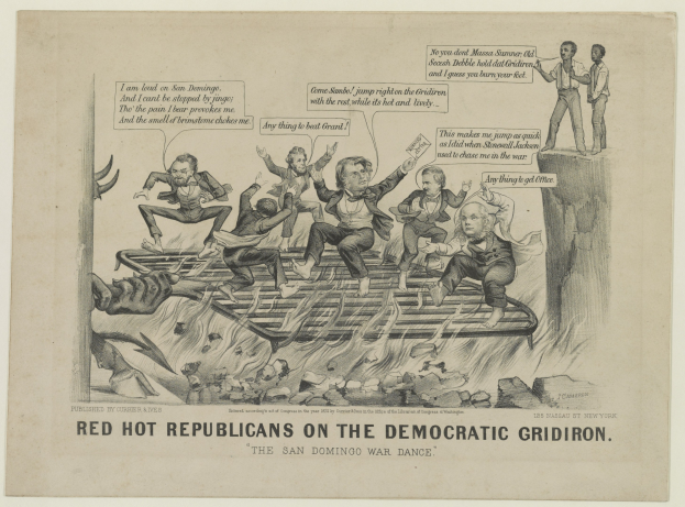 Eine Zeichnung von roten Figuren auf einem blauen Gridiron mit der Bezeichnung "Republikaner" und wütenden Gesichtern und erhobenen Armen, begleitet von schwarzer Schrift.