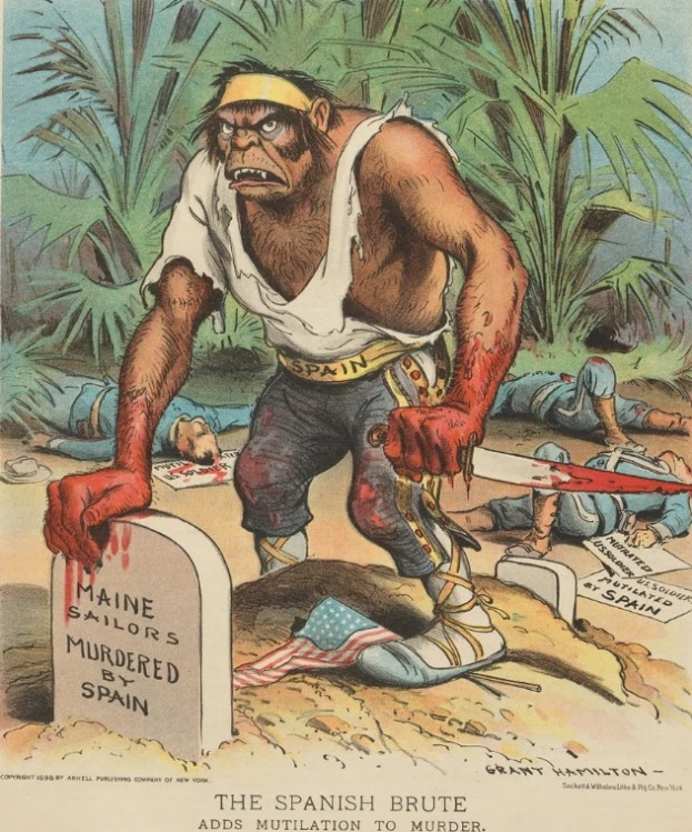 Eine Karikatur eines Mannes mit einem Messer vor einem Grab mit Text darauf, umgeben von liegenden Menschen und Bäumen im Hintergrund; Text unten lautet "Der spanische Grobian fügt Verstümmelung zum Mord hinzu."