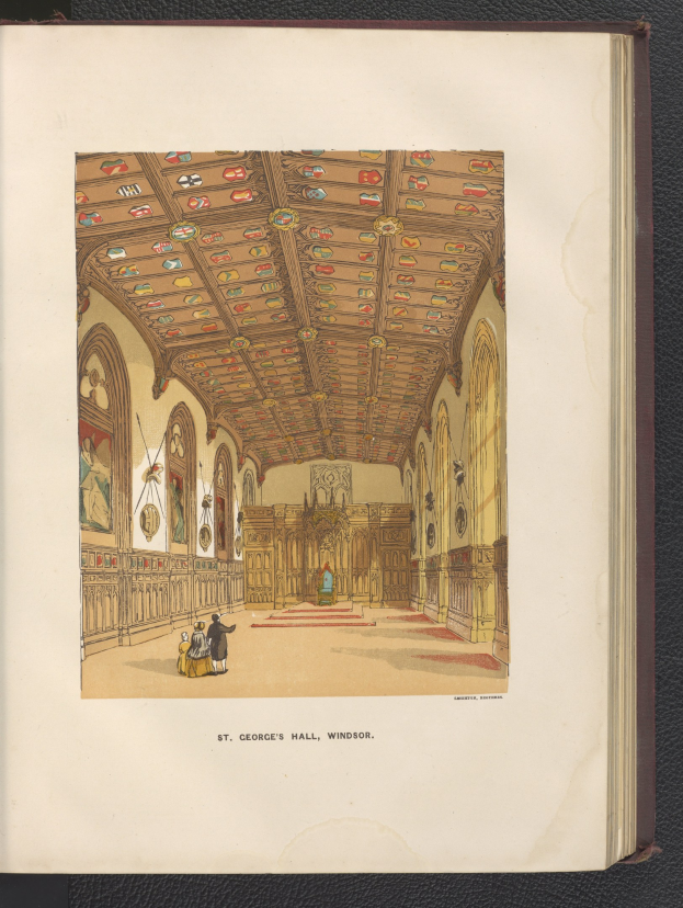 Ein aufgeschlagenes Buch auf einer schwarzen Oberfläche zeigt eine detaillierte Illustration von St. George's Hall in Windsor, England, mit Menschen, Wänden und einer Decke und Text unten.